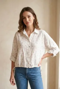 Skjorta i Bomullsgaze med Blommigt Tryck Vit One Size