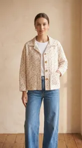 Jacka i Bomull med Blommönster Ecru One Size