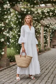 Långklänning i Broderie Anglaise Vit One Size