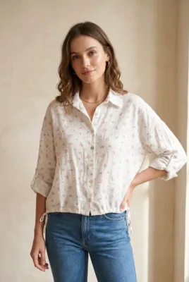 Zoom bild av Skjorta i Bomullsgaze med Blommigt Tryck Vit One Size