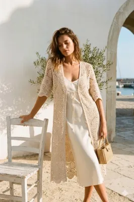 Zoom bild av Lång Virkad Kofta Beige One Size