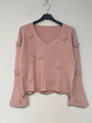 Zoom bild av Stickad Tröja med Blommor Rosa One Size