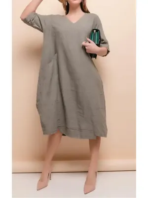 Zoom bild av Linneklänning Taupe One Size