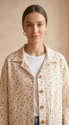 Zoom bild av Jacka i Bomull med Blommönster Ecru One Size